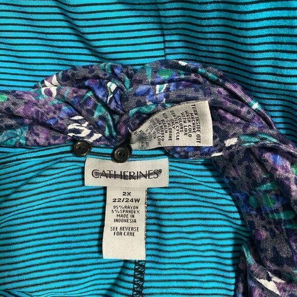 NEW Catherine’s Blue striped PALISADES Tunic Blouse Plus Sz 2X Detachable Scarf - Picture 7 of 8